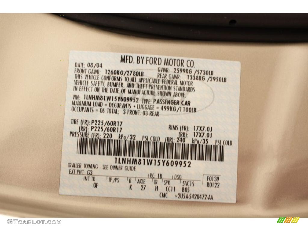 2005 Town Car Color Code G3 for Light French Silk Clearcoat Photo #48878349