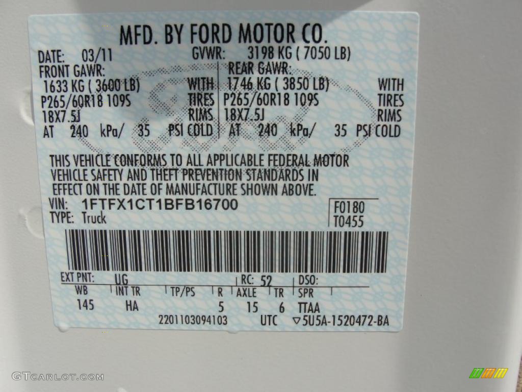 2011 F150 Color Code UG for White Platinum Metallic Tri-Coat Photo #48905556