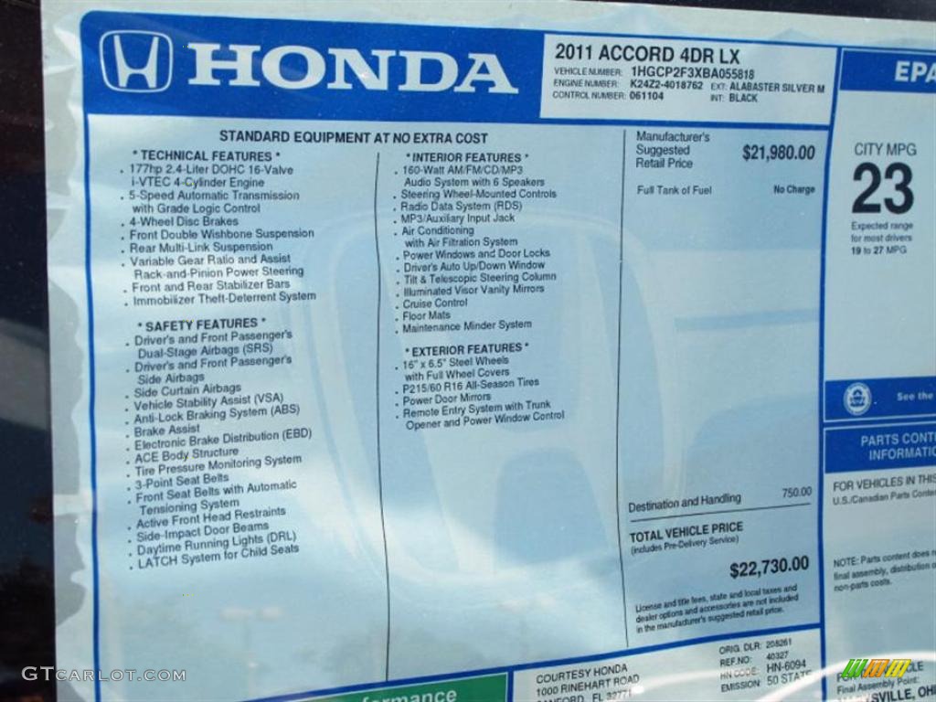 2011 Honda Accord LX Sedan Window Sticker Photo #48945927