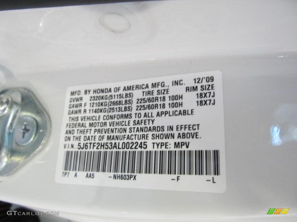 2010 Accord Color Code NH603PX for White Diamond Pearl Photo #48949732