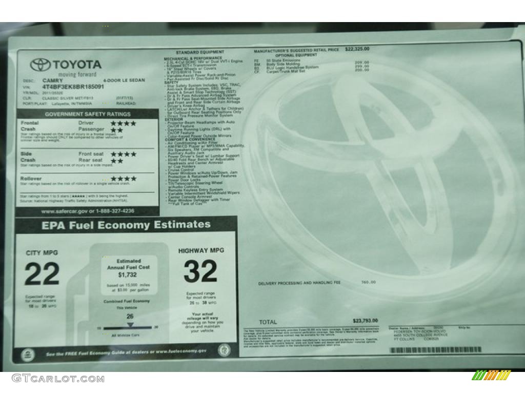 2011 Toyota Camry LE Window Sticker Photo #49002386