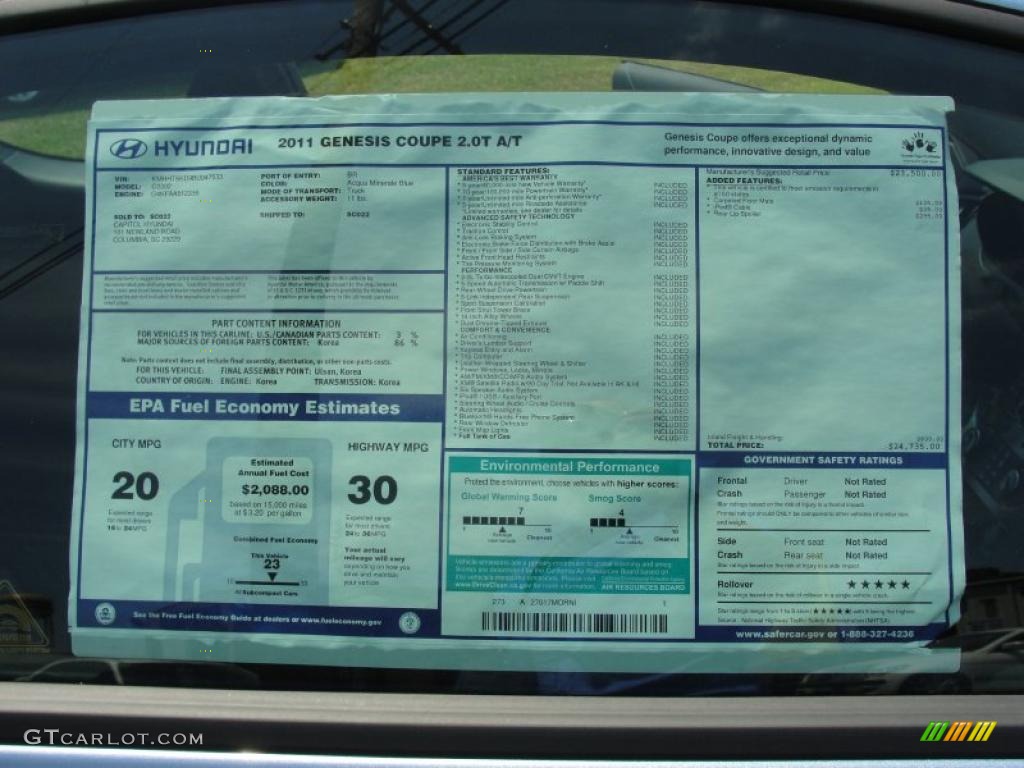 2011 Hyundai Genesis Coupe 2.0T Window Sticker Photo #49002866