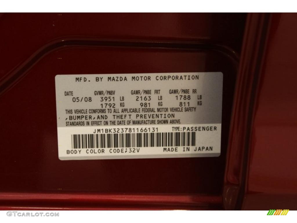 2008 MAZDA3 Color Code 32V for Copper Red Mica Photo #49030215