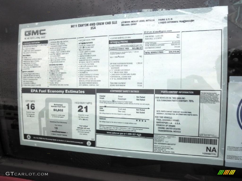 2011 GMC Canyon SLE Crew Cab 4x4 Window Sticker Photo #49072187