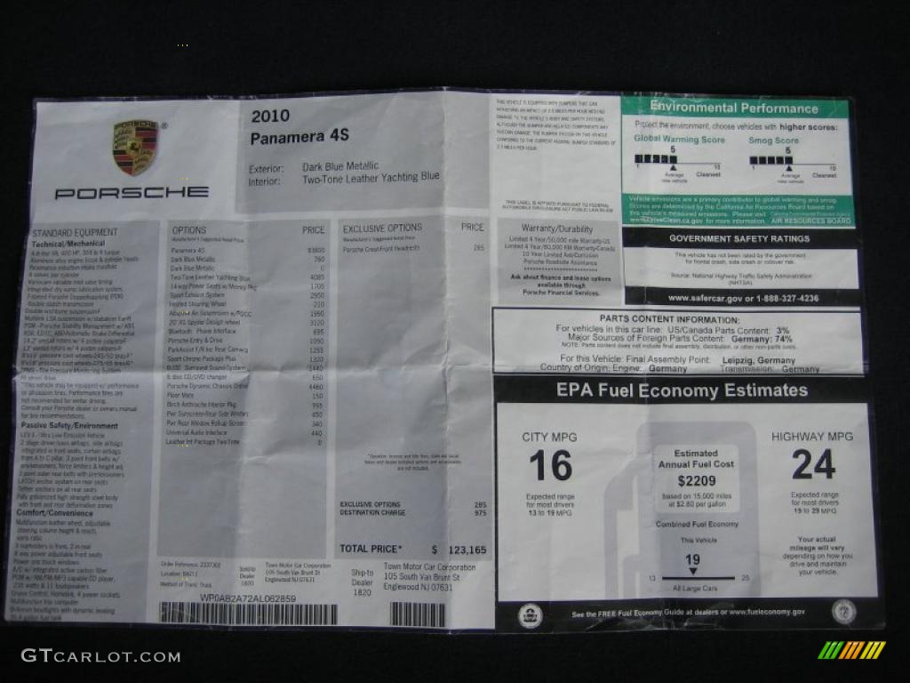 2010 Porsche Panamera 4S Window Sticker Photo #49078058