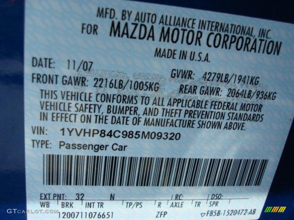 2008 MAZDA6 Color Code 32N for Bright Island Blue Photo #49079171