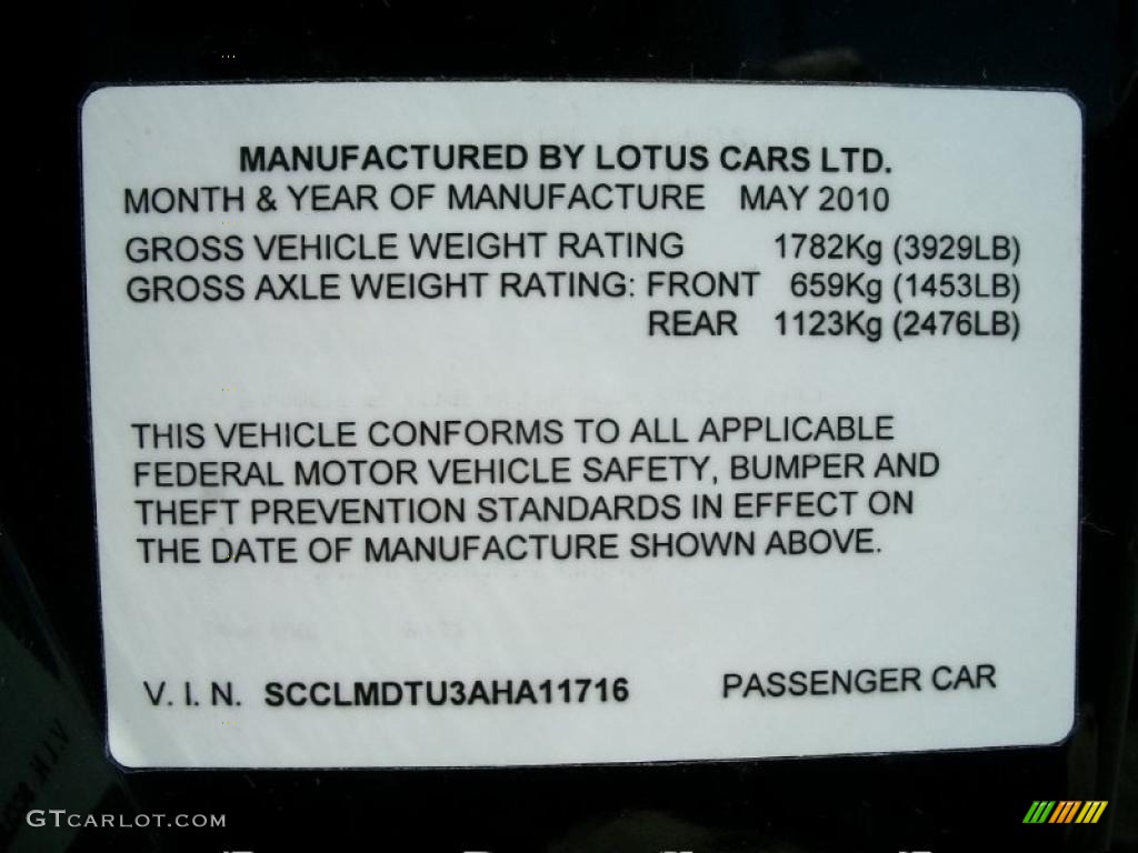 2010 Lotus Evora Coupe Info Tag Photo #49100741