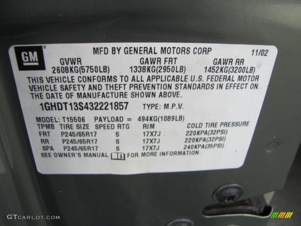 2003 Oldsmobile Bravada AWD Info Tag Photos