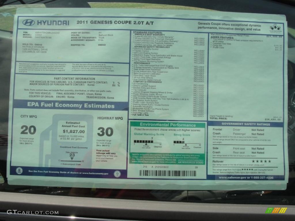 2011 Hyundai Genesis Coupe 2.0T Window Sticker Photo #49146008