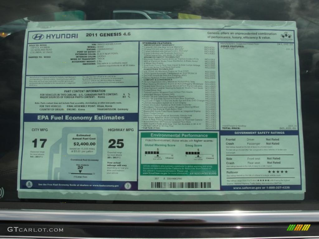 2011 Hyundai Genesis 4.6 Sedan Window Sticker Photo #49146548