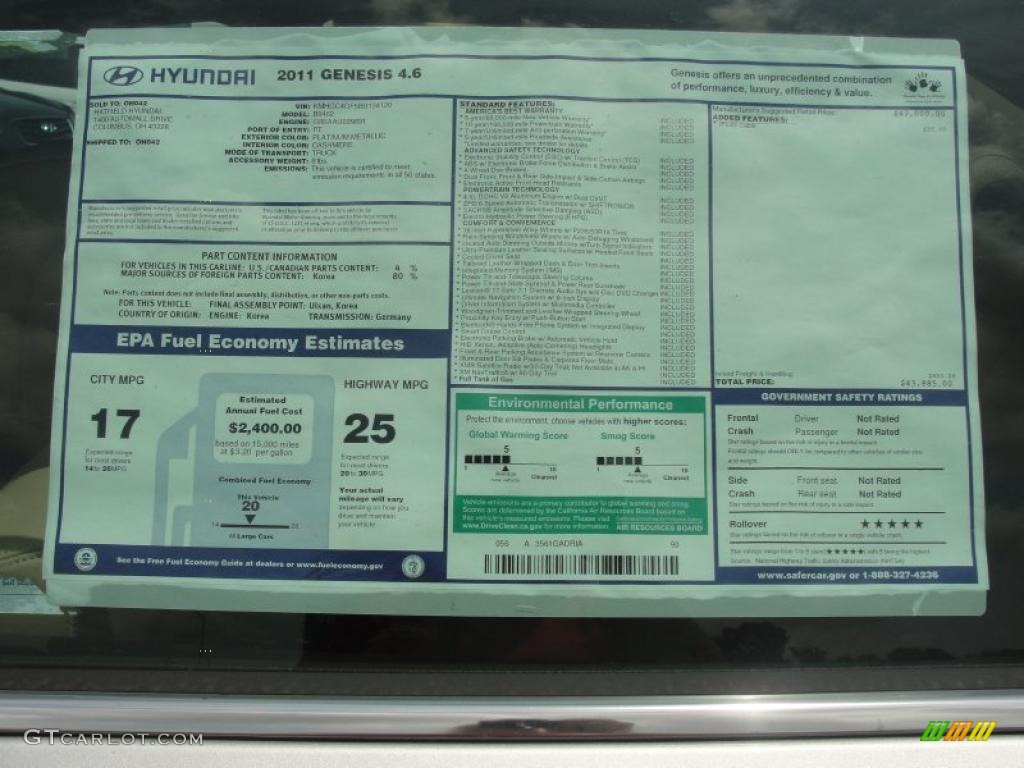 2011 Hyundai Genesis 4.6 Sedan Window Sticker Photo #49147052