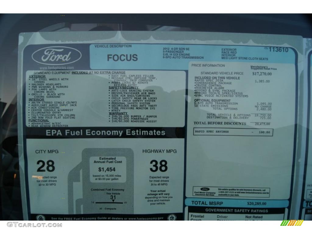 2012 Ford Focus SE Sedan Window Sticker Photo #49168058