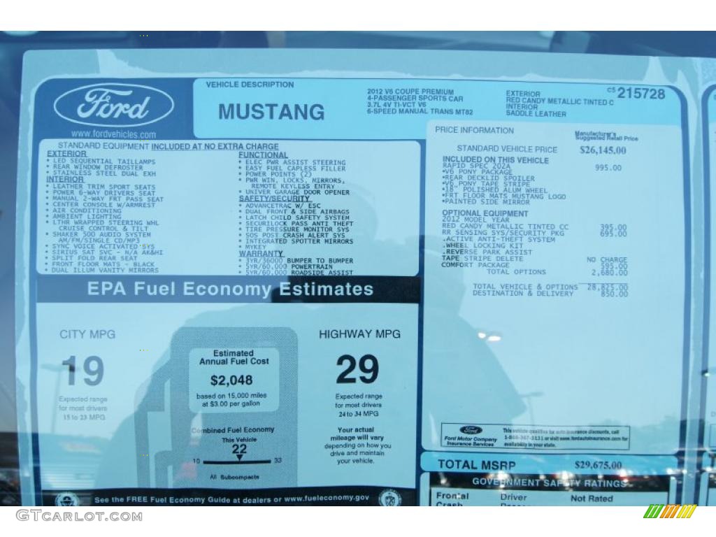 2012 Ford Mustang V6 Premium Coupe Window Sticker Photo #49168568