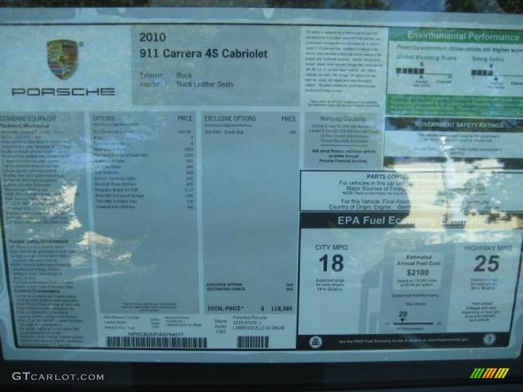 2010 Porsche 911 Carrera 4S Cabriolet Window Sticker Photos