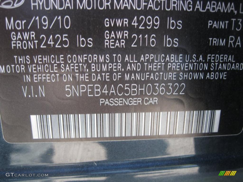 2011 Sonata Color Code T3 for Pacific Blue Pearl Photo #49218627