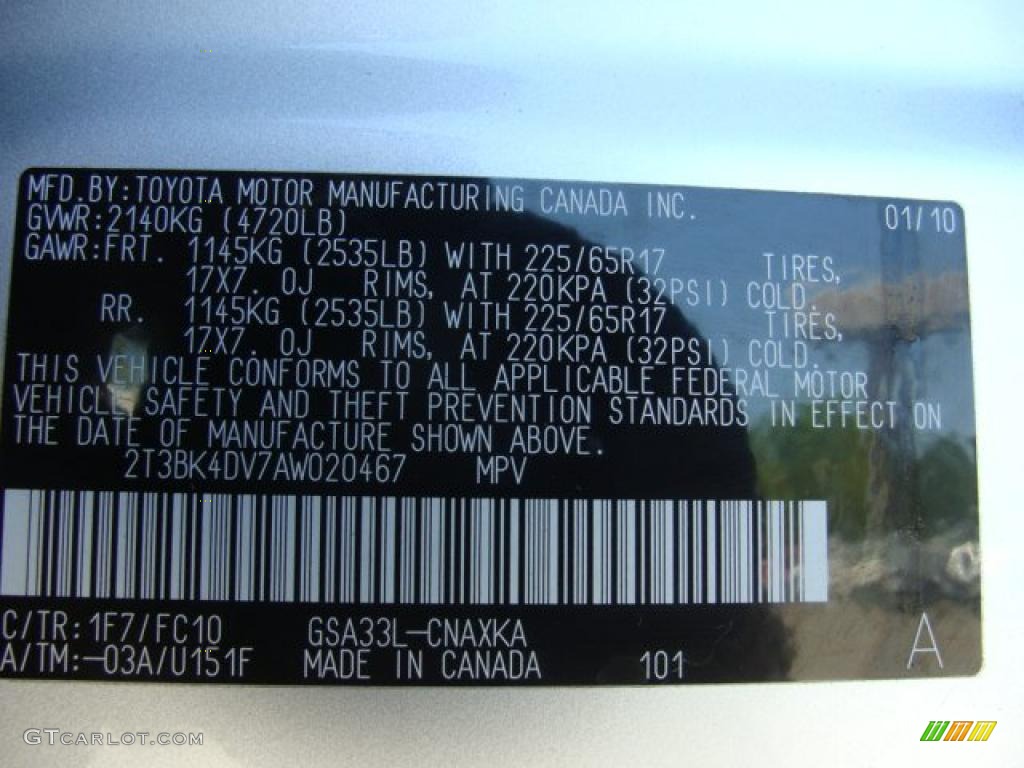 2010 RAV4 Color Code 1F7 for Classic Silver Metallic Photo #49241934