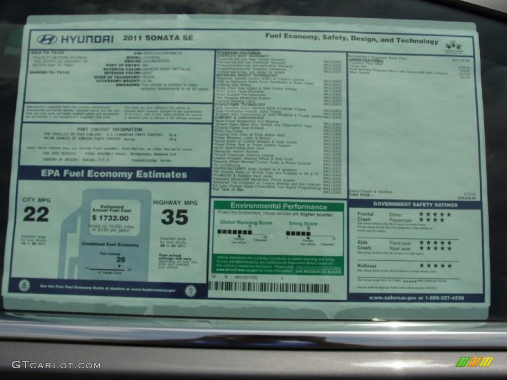 2011 Hyundai Sonata SE Window Sticker Photo #49254581