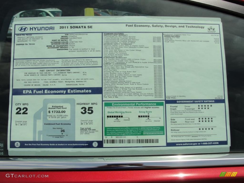 2011 Sonata SE - Venetian Red / Black photo #38