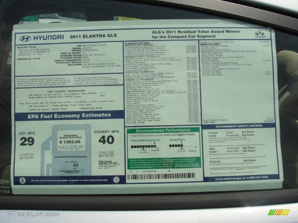 2011 Hyundai Elantra GLS Window Sticker Photo #49256363