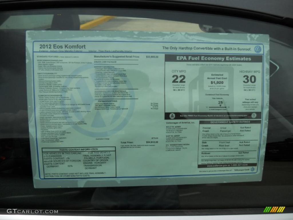2012 Volkswagen Eos Komfort Window Sticker Photo #49292255
