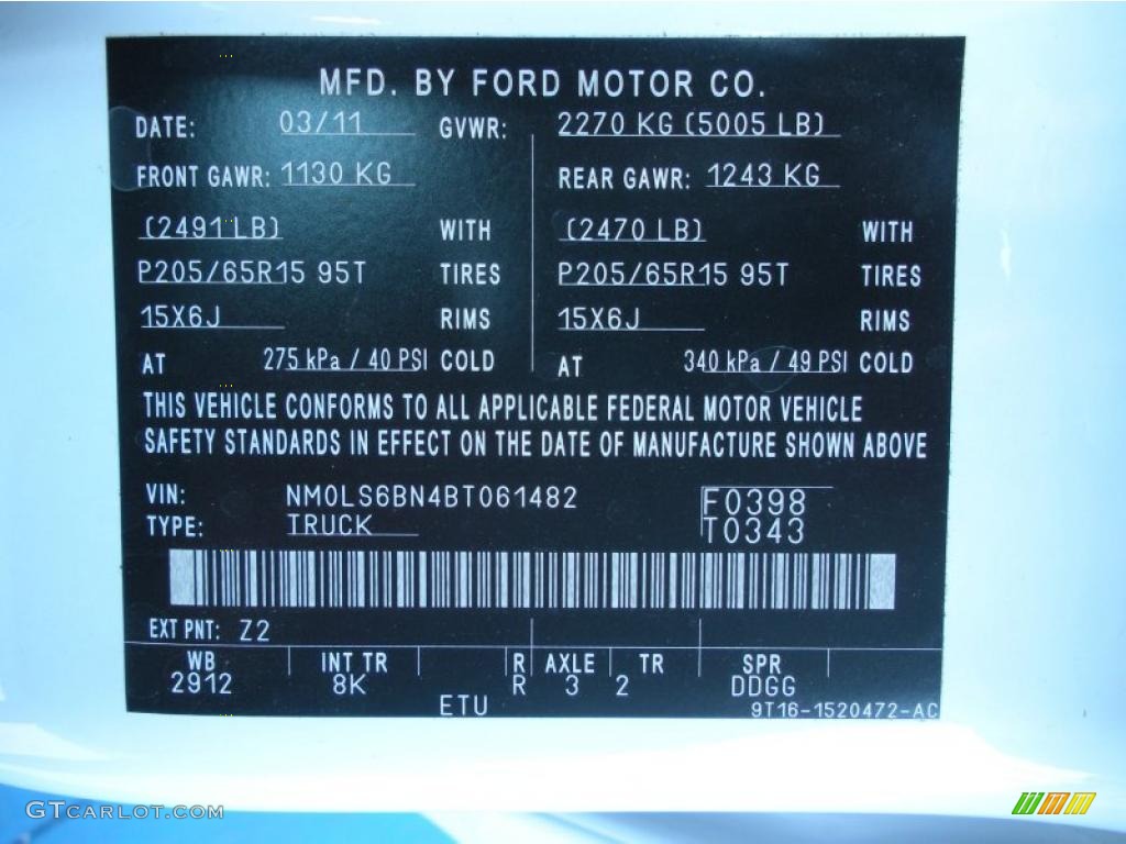 2011 Transit Connect Color Code Z2 for Frozen White Photo #49317753