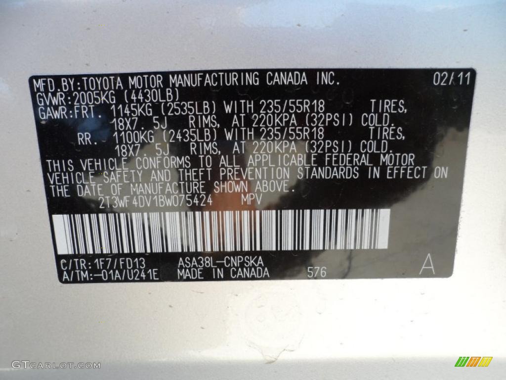 2011 RAV4 Color Code 1F7 for Classic Silver Metallic Photo #49321389