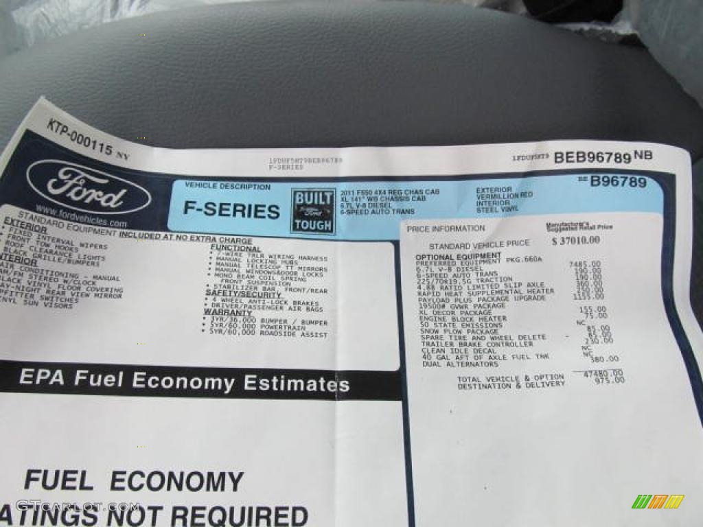 2011 Ford F550 Super Duty XL Regular Cab 4x4 Dump Truck Window Sticker Photo #49322883