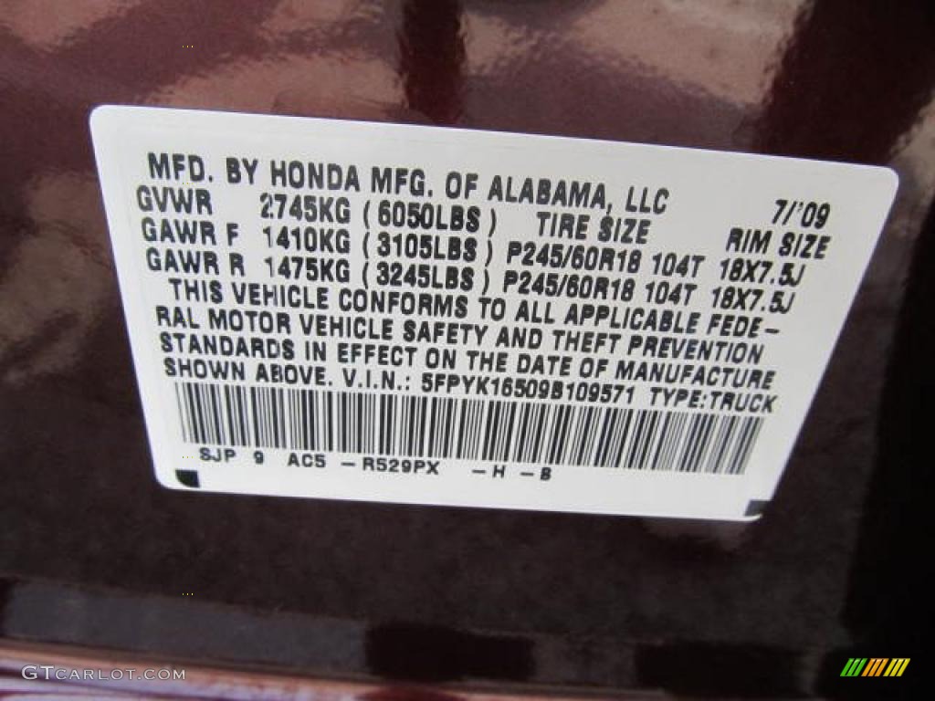 2009 Ridgeline Color Code R529PX for Dark Cherry Pearl Photo #49326162