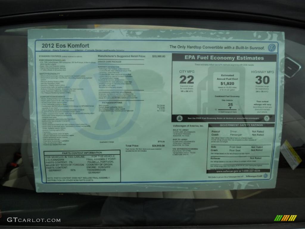 2012 Volkswagen Eos Komfort Window Sticker Photo #49350994