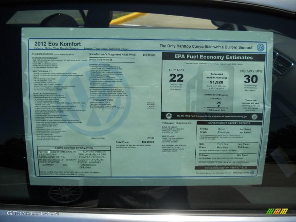 2012 Volkswagen Eos Komfort Window Sticker Photo #49351474