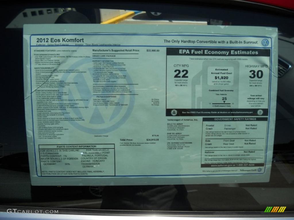 2012 Volkswagen Eos Komfort Window Sticker Photo #49351984