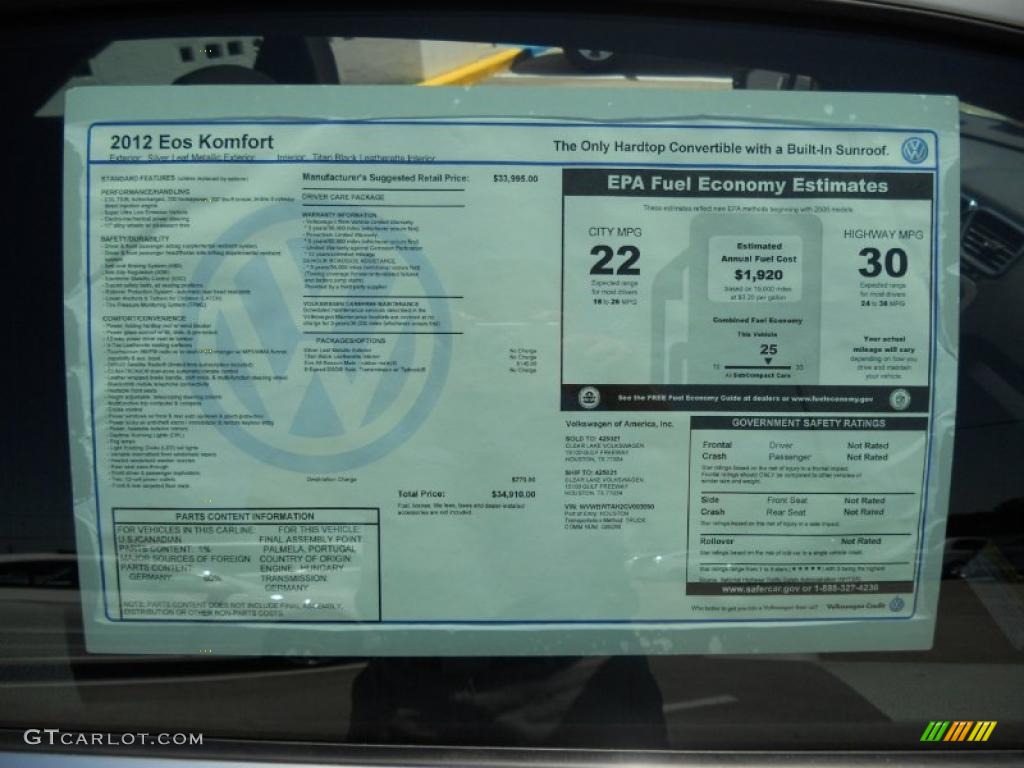 2012 Volkswagen Eos Komfort Window Sticker Photo #49352353