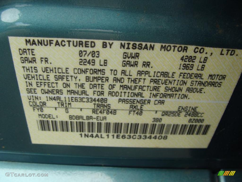 2003 Altima Color Code FY0 for Seascape Photo #49384085