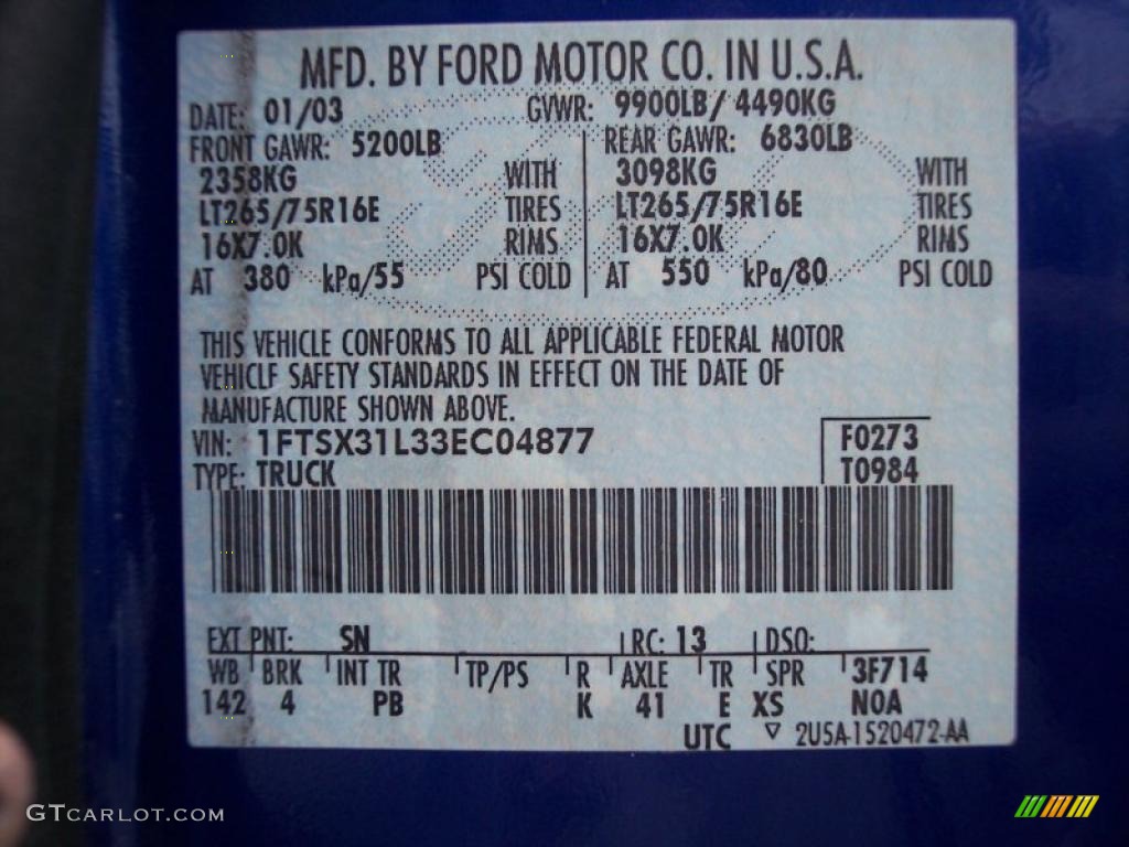 2003 Ford F350 Super Duty XLT SuperCab 4x4 Info Tag Photo #49402526