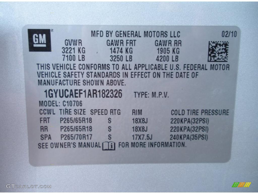 2010 Cadillac Escalade Standard Escalade Model Info Tag Photo #49403747
