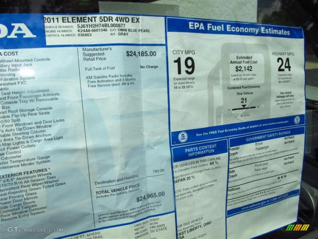 2011 Honda Element EX 4WD Window Sticker Photo #49420090