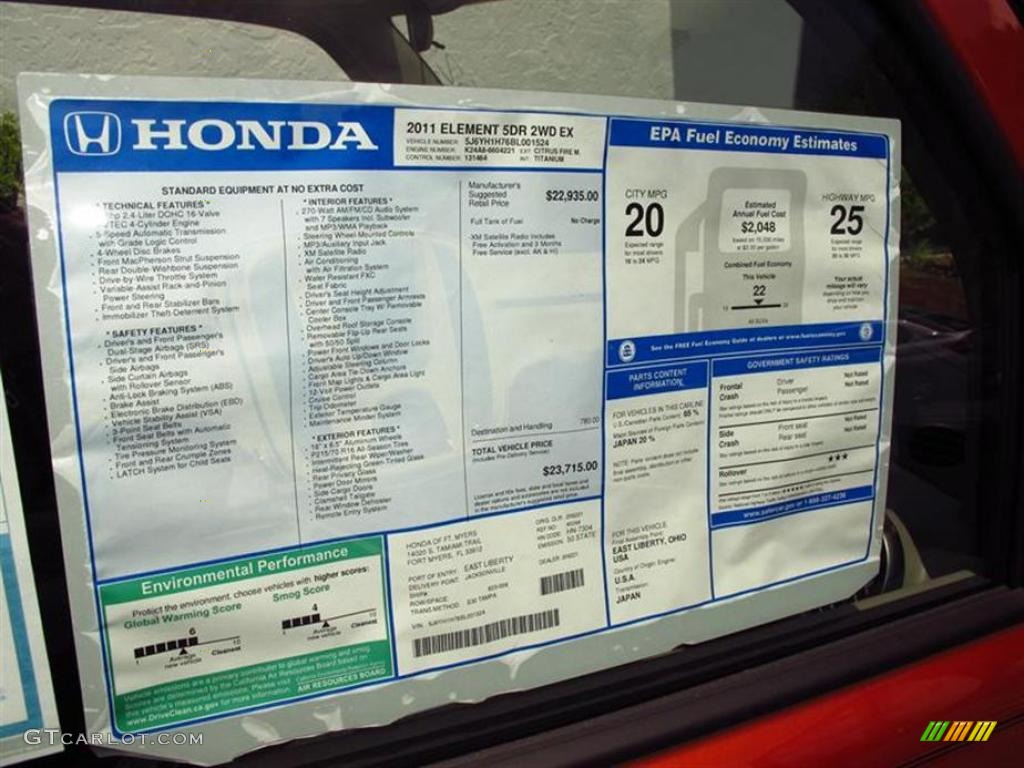 2011 Honda Element EX Window Sticker Photo #49420528