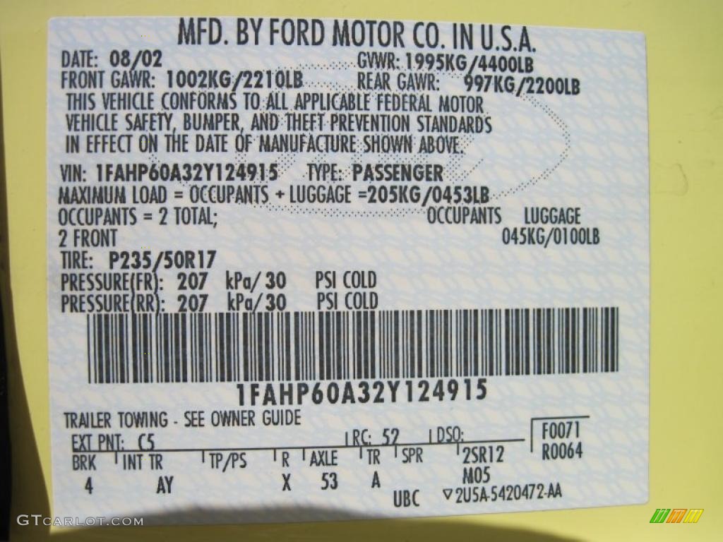 2002 Thunderbird Color Code C5 for Inspiration Yellow Photo #49421185