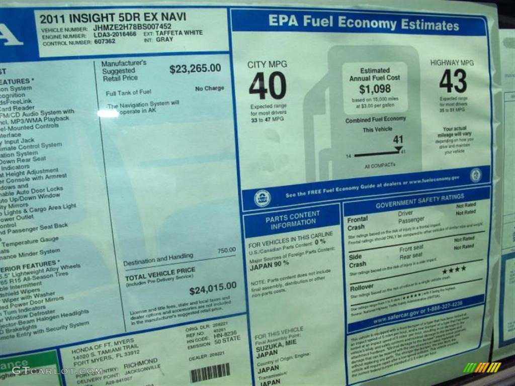 2011 Honda Insight Hybrid EX Navigation Window Sticker Photos
