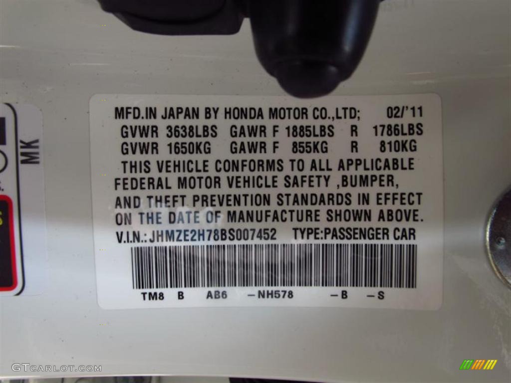2011 Insight Color Code NH578 for Taffeta White Photo #49422232
