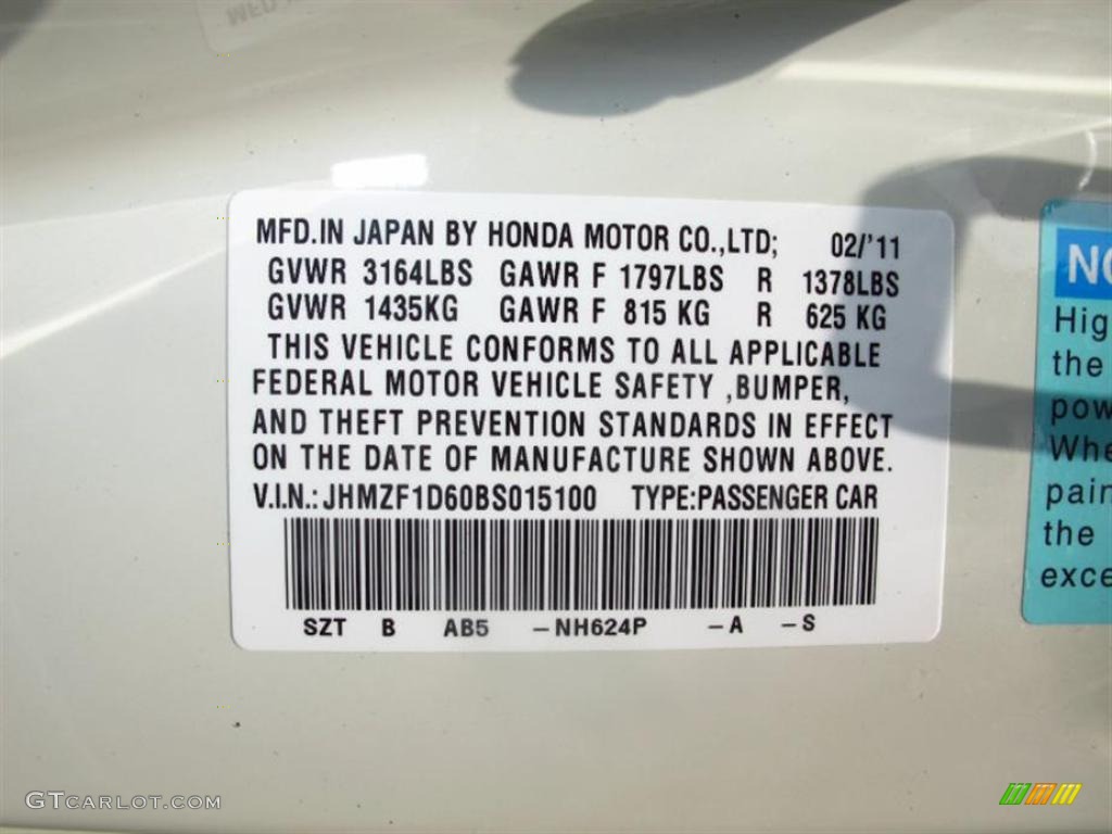 2011 CR-Z Color Code NH624P for Premium White Pearl Photo #49422397