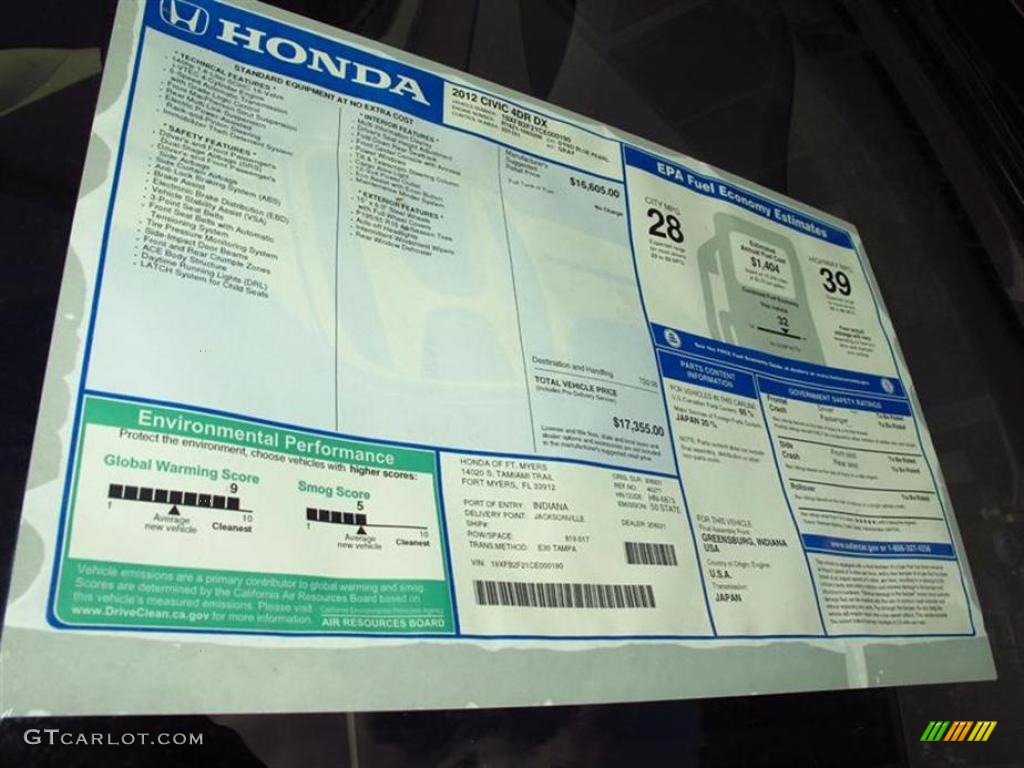 2012 Honda Civic DX Sedan Window Sticker Photo #49422538