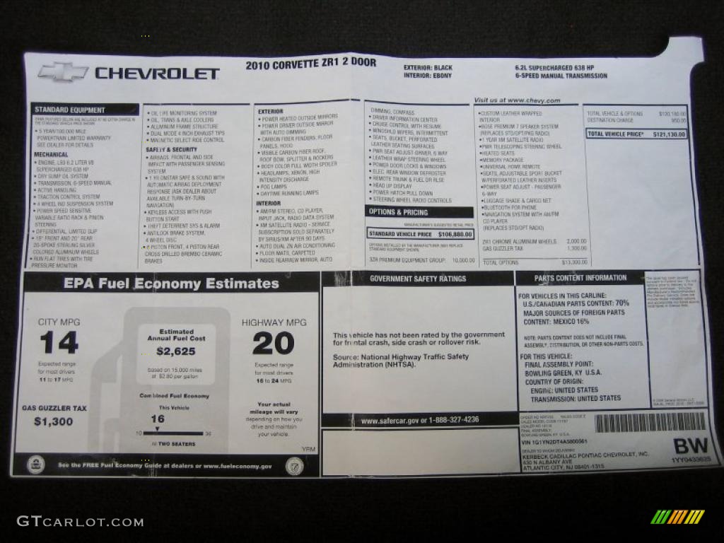 2010 Chevrolet Corvette ZR1 Window Sticker Photo #49425199