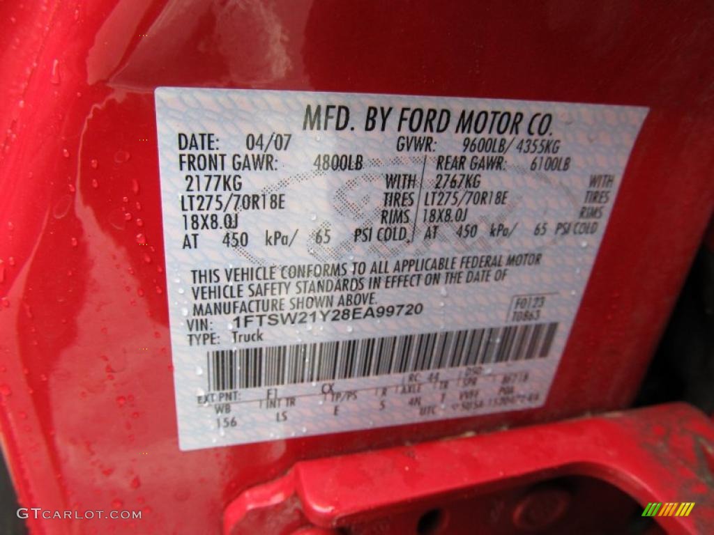 2008 F250 Super Duty Color Code F1 for Red Photo #49436014