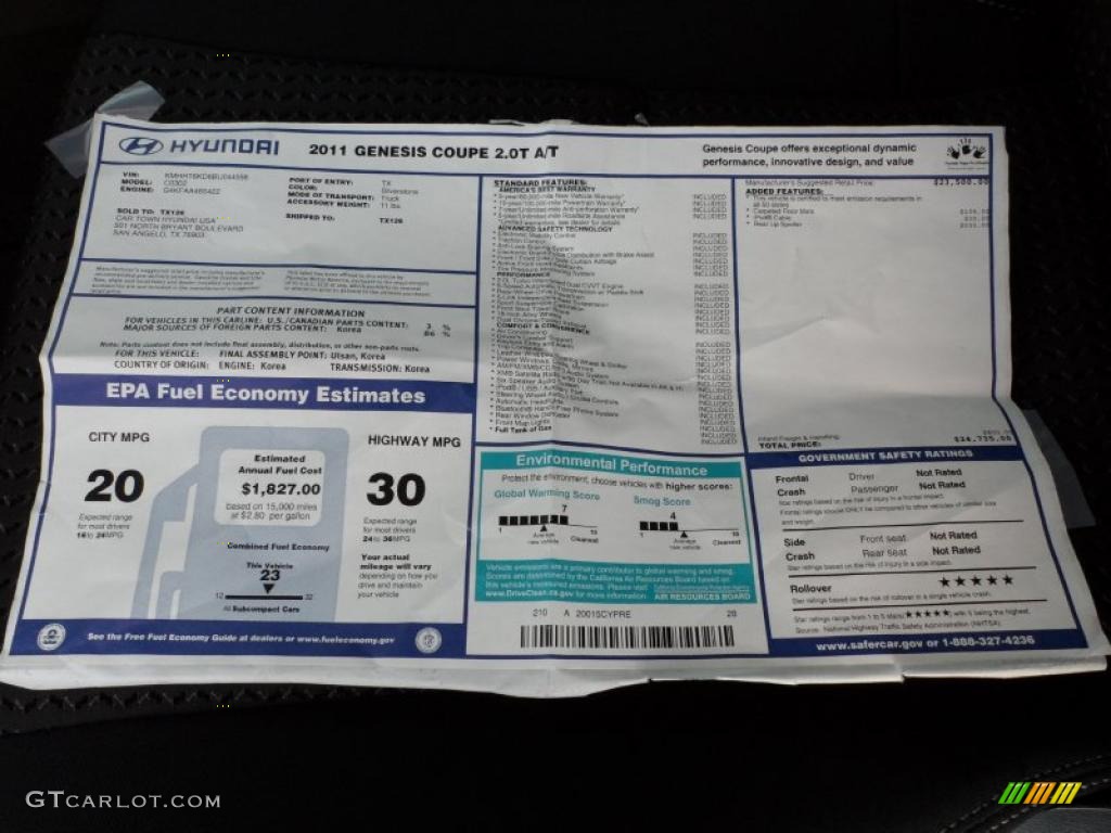 2011 Hyundai Genesis Coupe 2.0T Window Sticker Photo #49437238