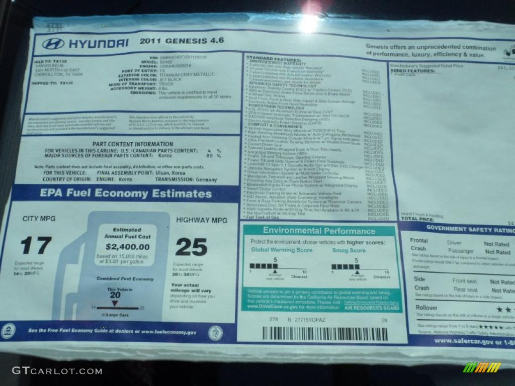 2011 Hyundai Genesis 4.6 Sedan Window Sticker Photo #49438825