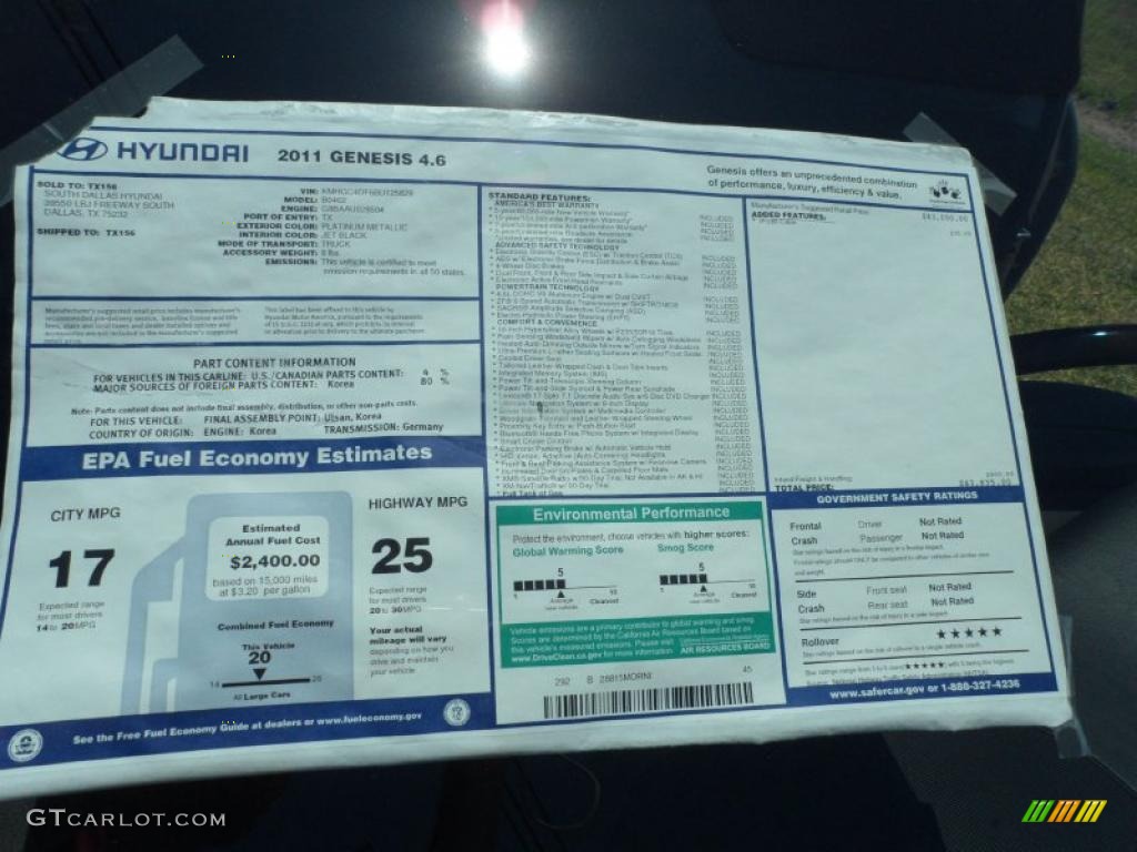 2011 Hyundai Genesis 4.6 Sedan Window Sticker Photos