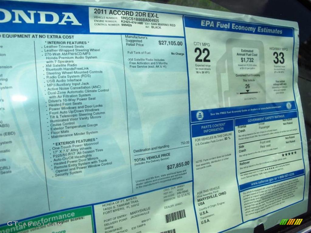2011 Honda Accord EX-L Coupe Window Sticker Photo #49447018