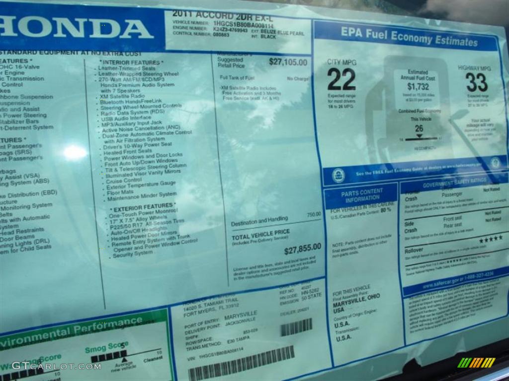 2011 Honda Accord EX-L Coupe Window Sticker Photo #49447495