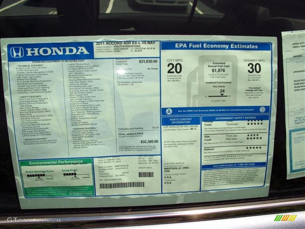 2011 Accord EX-L V6 Sedan - Celestial Blue Metallic / Black photo #9